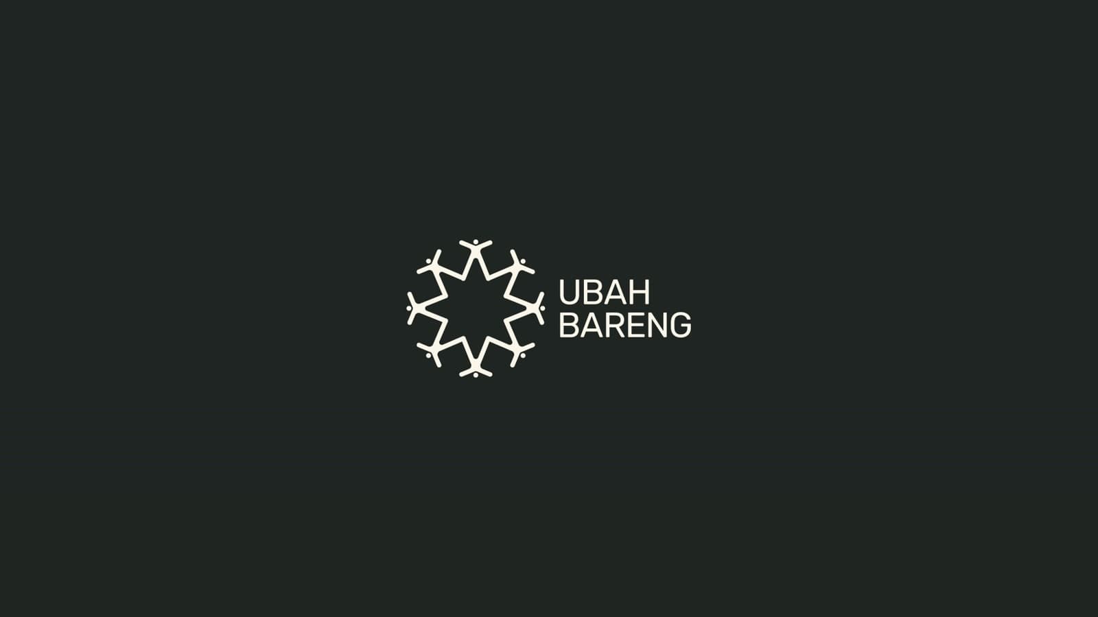 Ubah Bareng logo animation: a single figure on orange multiplies into a ring of linked figures, which settles beside the Ubah Bareng wordmark on dark green