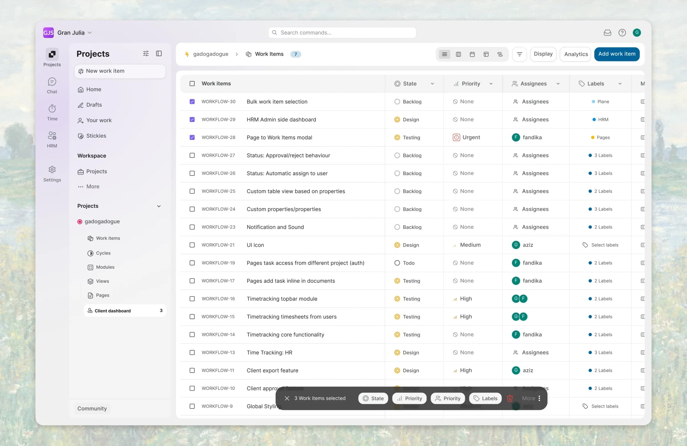 Gran Julia workspace showing the Work Items table, with three items selected and the bulk-action bar open