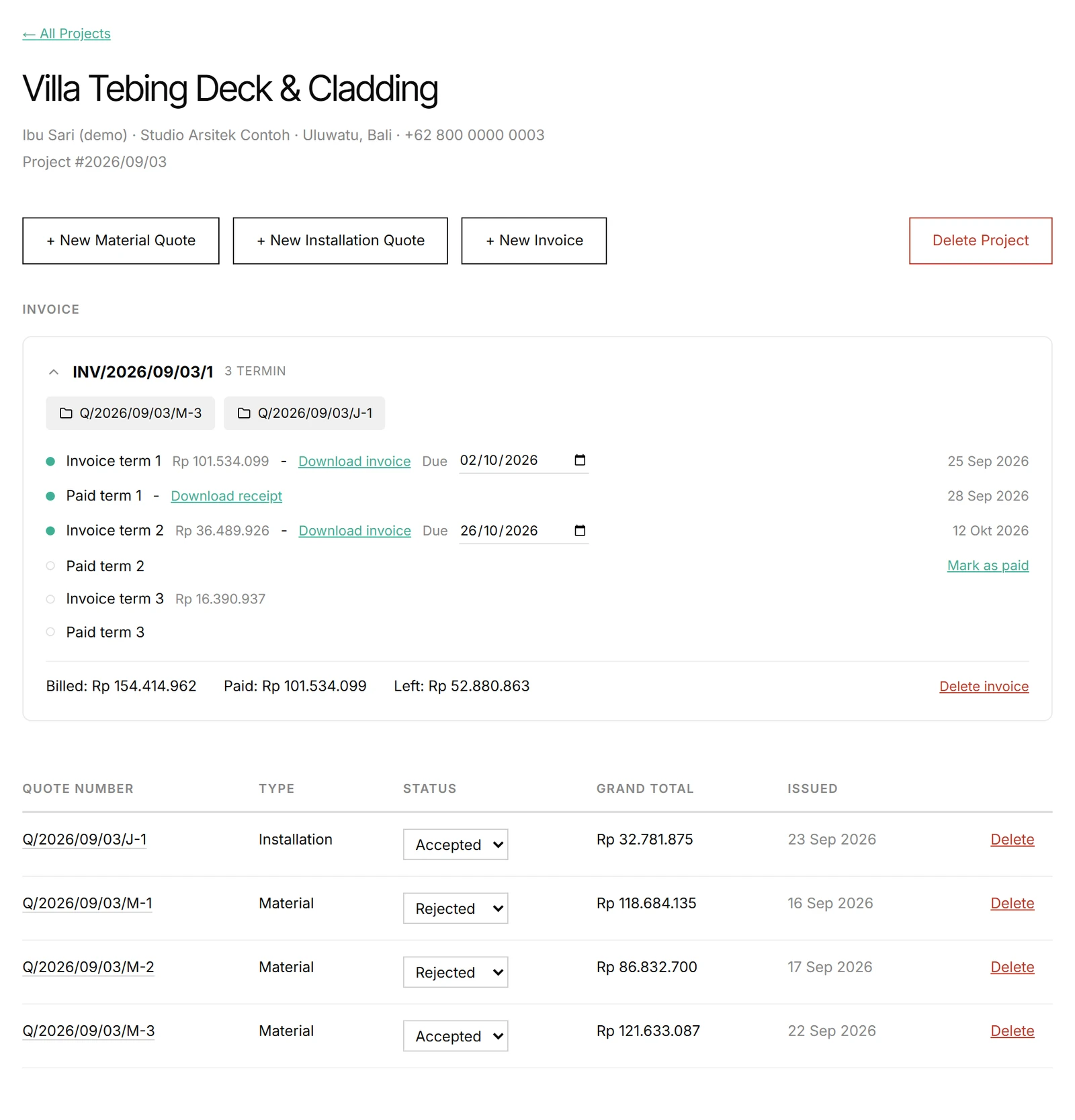 A project folder: invoice INV/2026/09/03/1 in three terms, with term 1 invoiced and paid, term 2 invoiced and due, term 3 not yet issued, and the project’s four quotes listed below