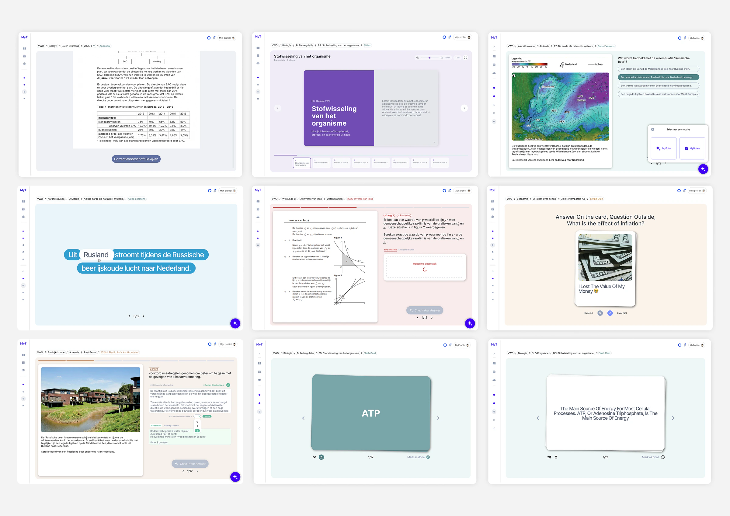 Nine MyTutor lesson screens: articles, slides, a map with an AI chat, highlighting and maths exercises, a quiz card and flashcards