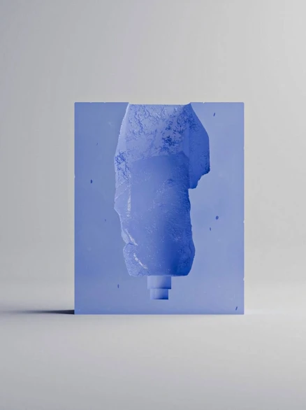 A render of the translucent blue mold with the bottle shape inside