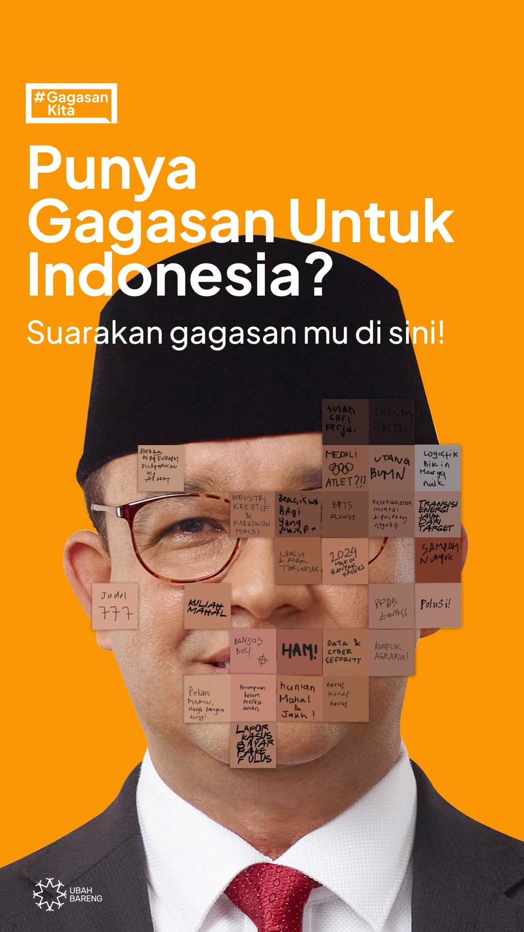 Gagasan Kita story on orange: “Punya gagasan untuk Indonesia?” over a portrait of Anies covered in handwritten sticky notes