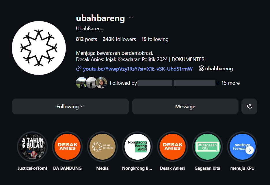 The Ubah Bareng Instagram profile: 812 posts, 243K followers, and story highlights for Desak Anies, Gagasan Kita, Nongkrong Bareng AMIN and other campaigns