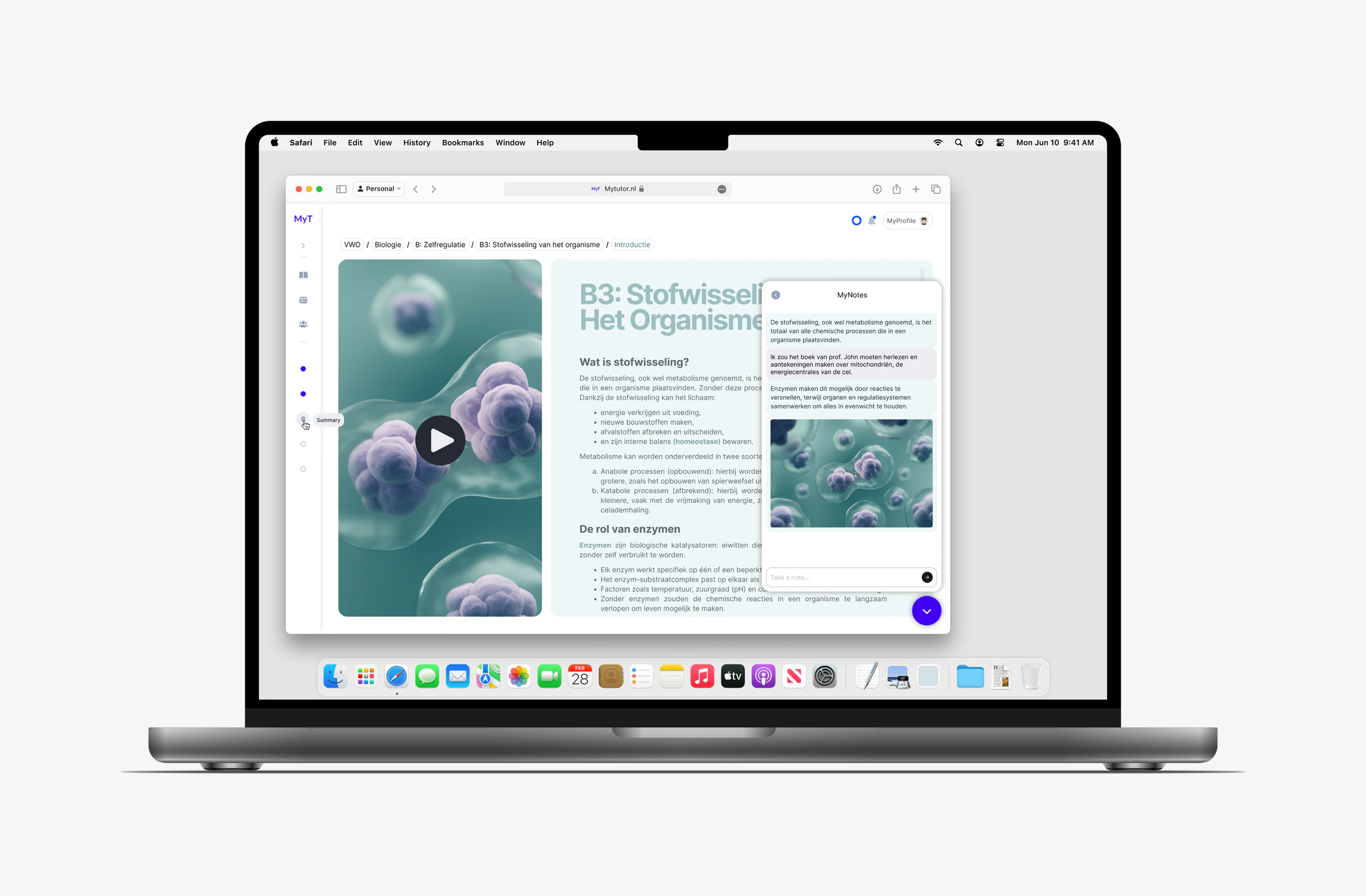 MyTutor lesson page on a MacBook: a video on cells, the Stofwisseling article and the MyNotes panel side by side