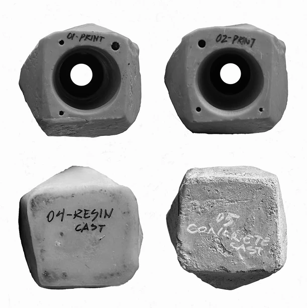 Four test pieces labelled 01-Print, 02-Print, 04-Resin cast and 05 Concrete cast