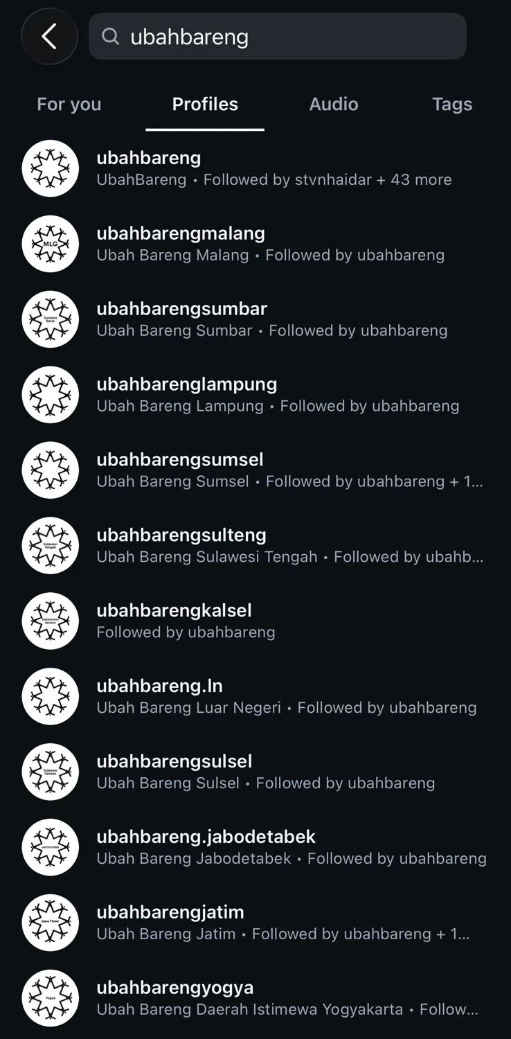 Instagram search for “ubahbareng” listing the chapter accounts: Malang, Sumbar, Lampung, Sumsel, Sulawesi Tengah, Kalsel, Luar Negeri, Sulsel, Jabodetabek, Jatim and Yogya, each using the Ubah Bareng mark with its region’s name in the centre