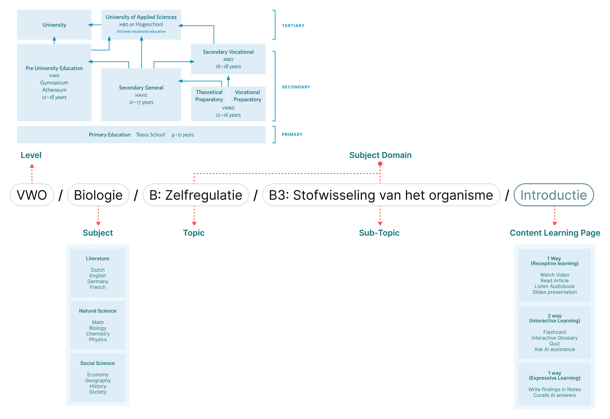 The Dutch education system from primary school to university, mapped onto a breadcrumb: VWO / Biologie / B: Zelfregulatie / B3: Stofwisseling van het organisme / Introductie