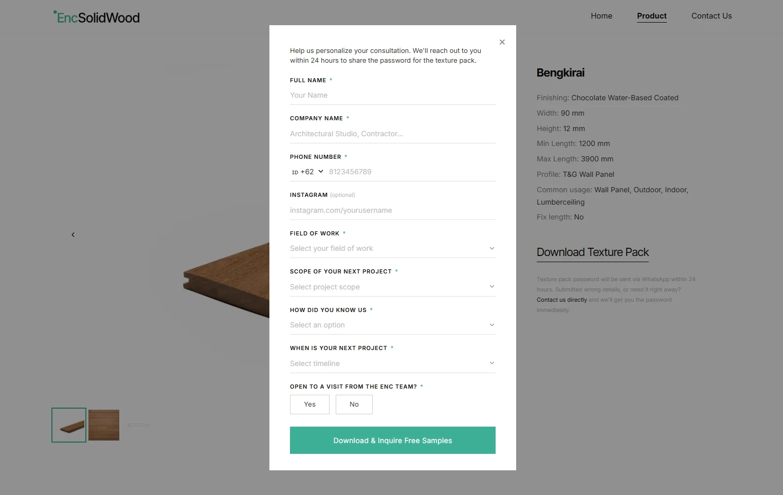 The Siberian Larch product page with the texture pack form open: full name, company, phone, Instagram, field of work, project scope, how they found ENC, project timeline and whether they’re open to a visit